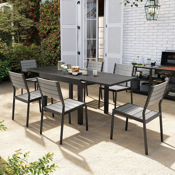 Pellebant 7-Piece Gray Aluminum Patio Outdoor Dining Set with Extension Rectangular Table and Wood-Like Stacking Armless Chairs