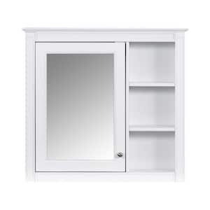 29.92 x 7.32 x 28 In. White Wall Mounted Modern Bathroom Storage Cabinet with Door Mirror and 3-Open Storage Dividers