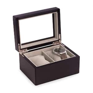 Matte Black Wood 2-Watch Box with Glass Top, Velour Lining and Pillows