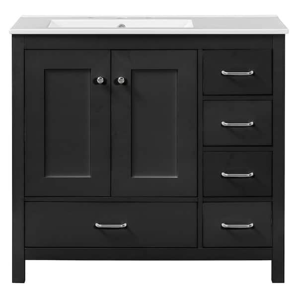 36 in. W Single Sink Freestanding Bath Vanity in Black with White Ceramic Top and 5-Drawers Unassembled