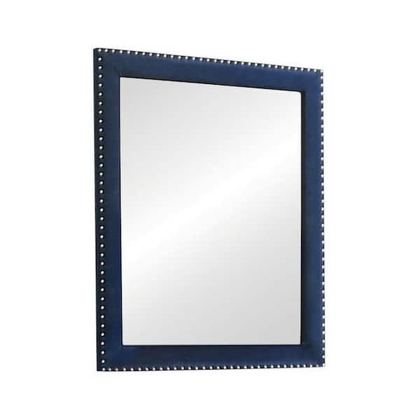 Benjara 35.5 in. W x 40 in. H Rectangular Wood Frame Blue and Chrome Glam Velvet Upholstered Portrait Mirror with Nailhead