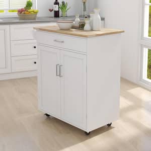 32.87 in. W White Kitchen Island Rolling Trolley Cart with Rubber Wood Table Top Drawer Towel Rack and Tableware Cabinet