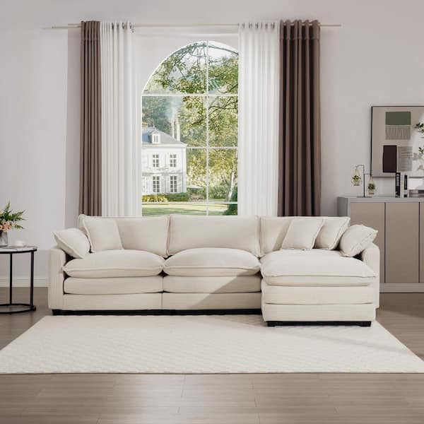 114.56 in Wide Square Arm Fabric L-Shaped Modern Upholstered Sofa in Beige