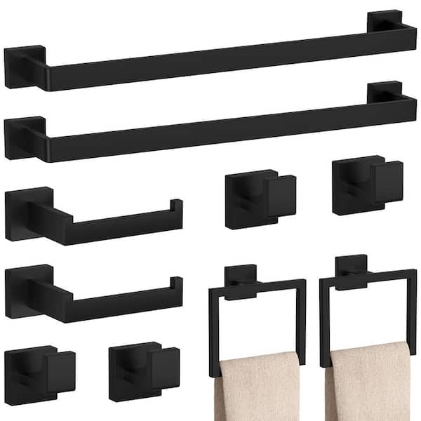 10-Piece Wall-mounted Bath Hardware Set with Toilet Paper Holder, Towel Hooks, Ring, Bar Included in Matte Black