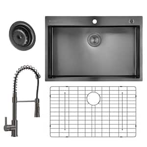 Black Stainless Steel 33 in. 18 Gauge Single Bowl Dual Mount Kitchen Sink with Spring Neck Faucet