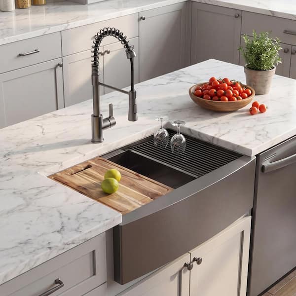 30 in. Farmhouse/Apron-Front Single Bowl 18 Gauge Gunmetal Black Stainless Steel Workstation Kitchen Sink with Faucet