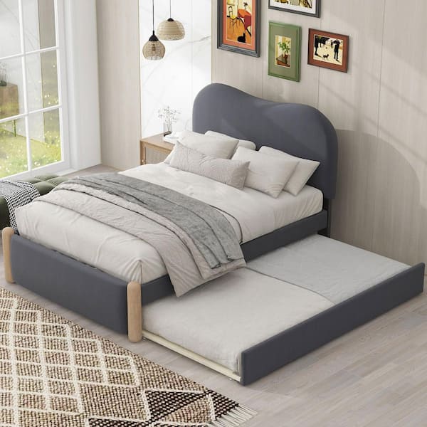 Polibi Gray Wood Frame Twin Size Platform Bed with Wood Supporting Feet and Twin Size Trundle