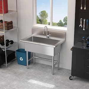 38 in. W x 24 in. D Freestanding Stainless Steel 1-Compartment Commercial Laundry/Utility Sink with Faucet and Drain