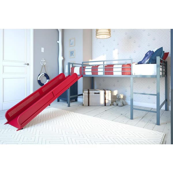 Jade Silver Metal Junior Loft Bed With Red Slide