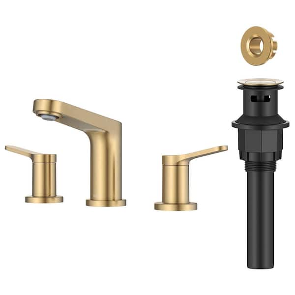 Indy 2-Handle 8 in. Widespread Bathroom Faucet in Spot-Free Brushed Brass with Pop Up Drain and Supply Lines