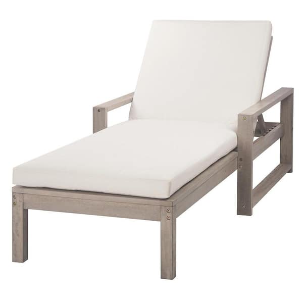 Gray Acacia Wood 5-Position Patio Chaise Lounge with Cushion and Adjustable Backrest