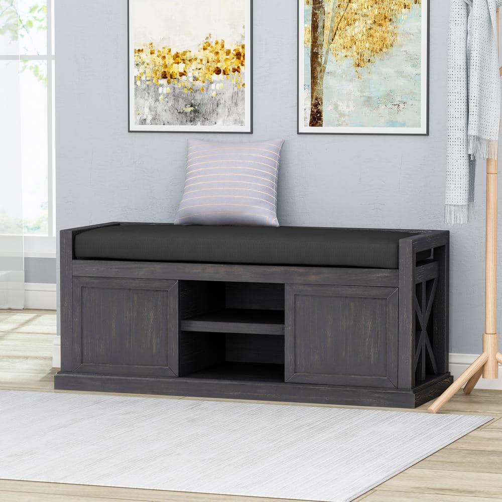 Sandblast Dark Gray Acacia Wood Storage Bench with Black Cushion