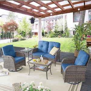 Carlos Brown 5-Piece Wicker Outdoor Patio Conversation Set with Blue Cushions