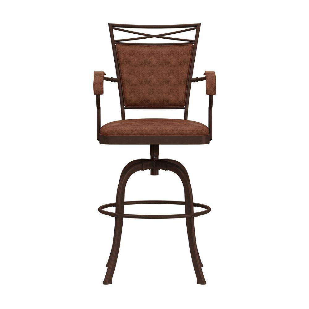 Aged Bronze Swivel Bar Stool with Weathered Brown Faux Leather