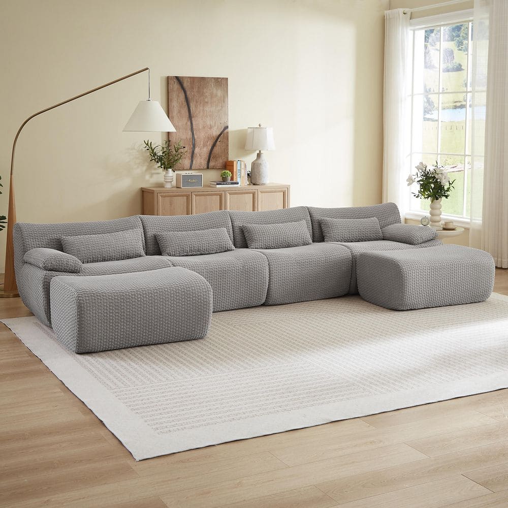 Uriah 141.7 in. Pillow Top Arms Corduroy Upholstery Modular U-Shaped Sectional Sofa in Grey with 2 Ottomans price history on PriceWatchPro