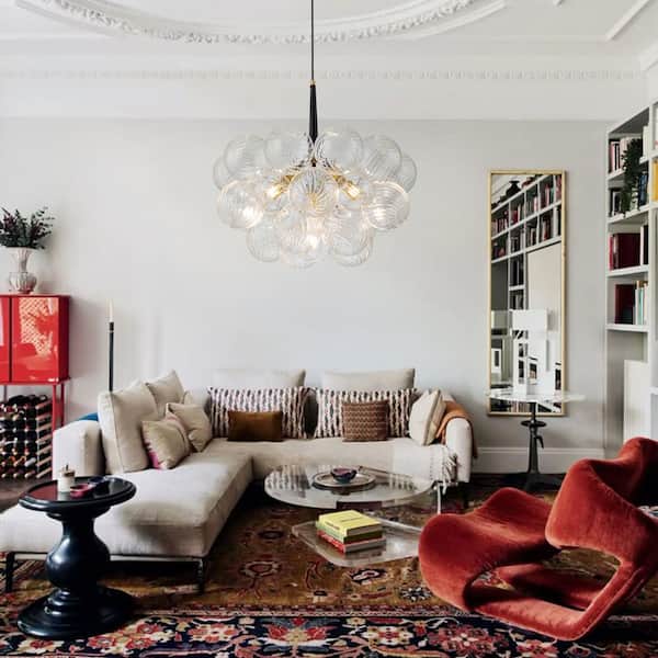 Neuvy 6-Light 24.8 in. W Gold Cluster Bubble Chandelier w/Black Leather, Swirled Ribbed Glass Globes and Bulbs Included
