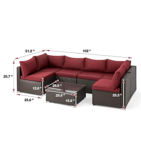 Zeus & Ruta 7-Piece Wicker Outdoor Chaise Lounge with Red Cushions