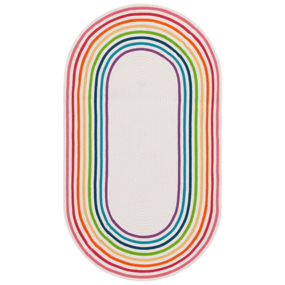 Braided 4 ft. x 6 ft. Ivory/Rainbow Border Striped Solid Oval Area Rug price history on PriceWatchPro