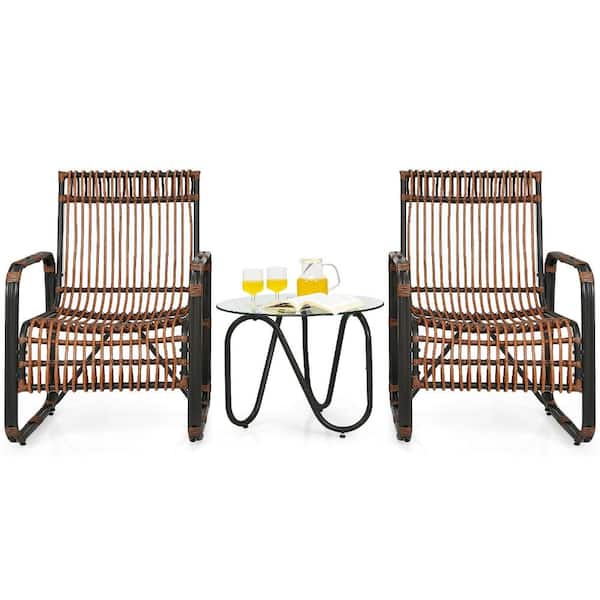 3-Piece Wicker Patio Conversation Set with 2 Tall-Back Armchairs and Round Glass Side Table