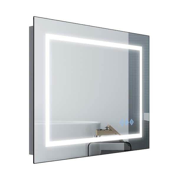Unbranded 32 in. W x 24 in. H in. LED Silver Rectangular Frameless Wall Mounted Bathroom Vanity Mirror Sq. Angle Metal Frame