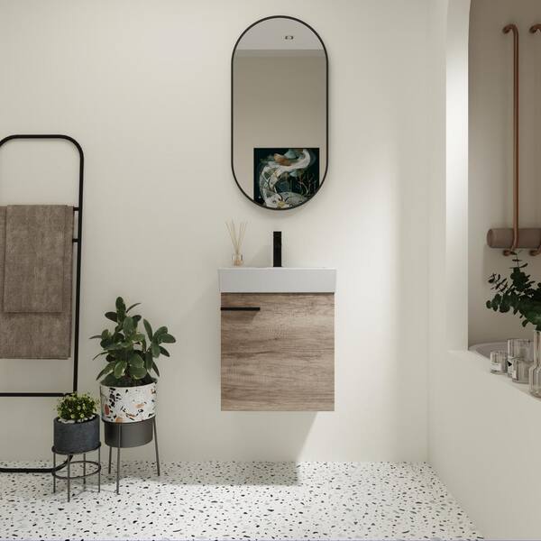 UPIKER Elegant 19 in. W x 14.9 in. D x 22.8 in. H Floating Bath Vanity in Grey Oak with White Ceramic Top