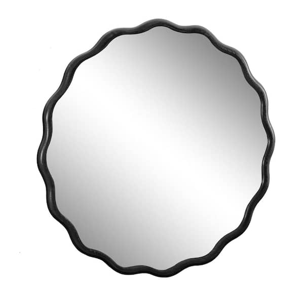 Tatahance Black 31 in. W x 31 in. H Modern Round Wavy Wood Decor Wall Mirror