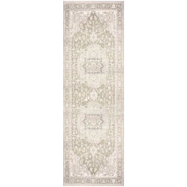 Vintage Washables Green 2 ft. x 6 ft. Center Medallion Traditional Runner Area Rug