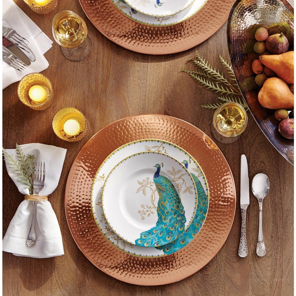 Peacock Garden White Porcelain 16-Piece Dinnerware Set with Gold Accents