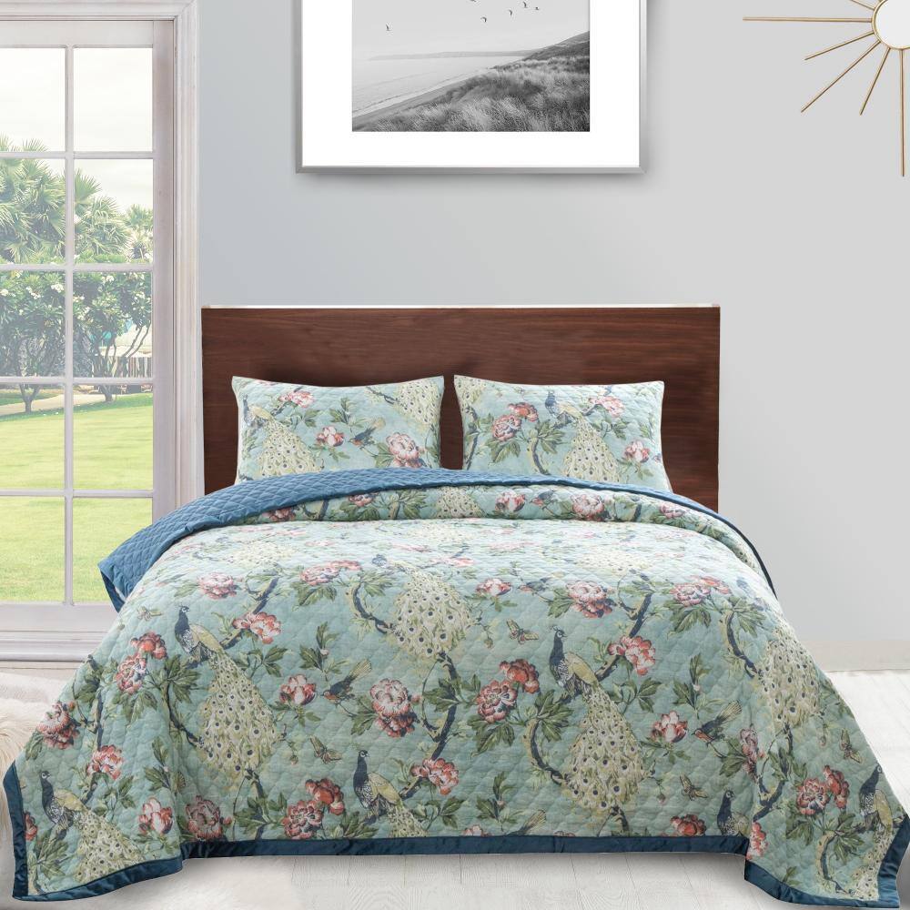 Blue and Green Reversible Microfiber Queen Quilt Set