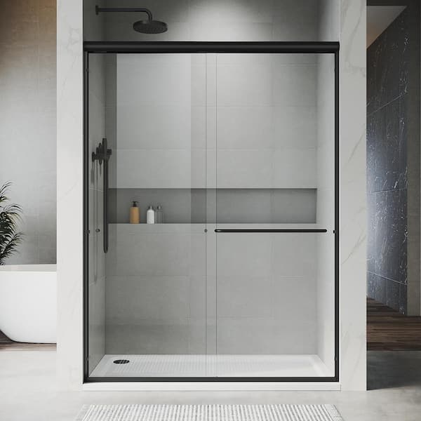 UNIKOO UKD07 56 to 60 in. W x 72 in. H Double Sliding Semi-Frameless Shower Door in Matte Black, 1/4 in. SGCC Clear Glass