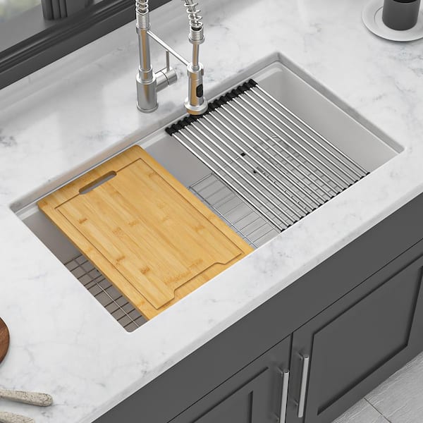 Coporesell 32 in. Undermount Single Bowl White Quartz Kitchen Sink with Workstation