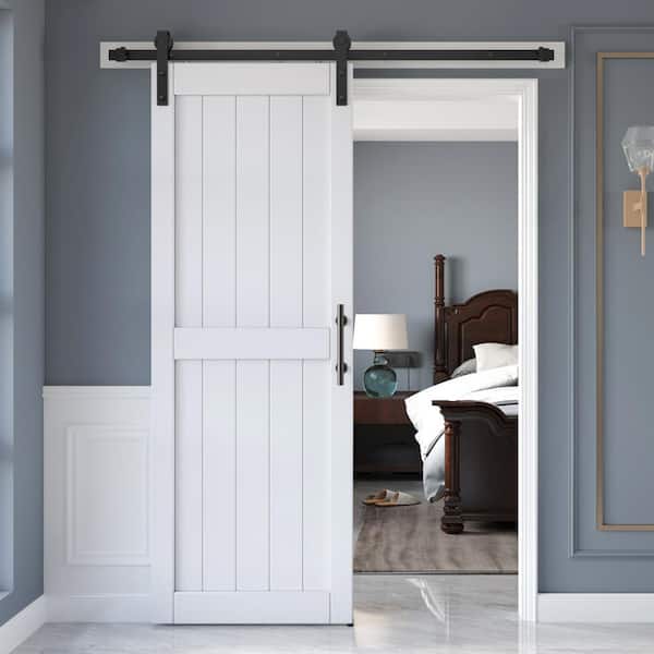 easelife 32 in. x 84 in. White Paneled H Shape Solid MDF Sliding Barn Door with Hardware Kit