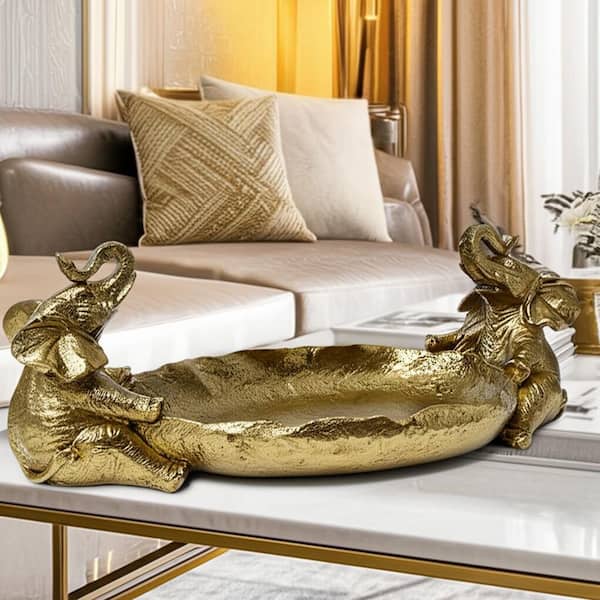 13.5 in. x 5 in. Gold Resin Two Elephants Figurine Holding Decorative Bowl