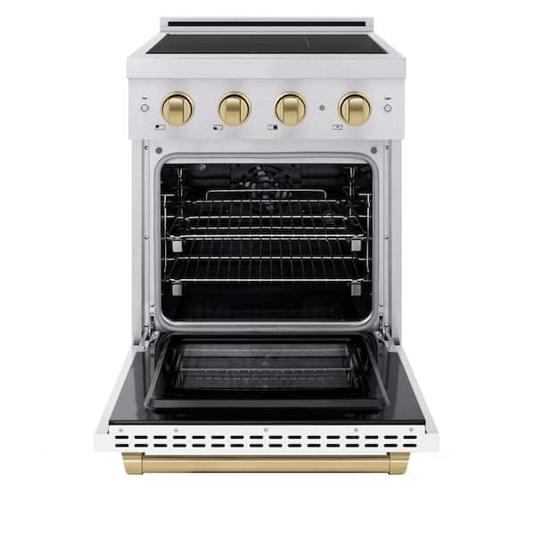 Autograph 24 in. Paramount Induction Range with 3 Element Cooktop in Satin Steel with White Door and Bronze Accents