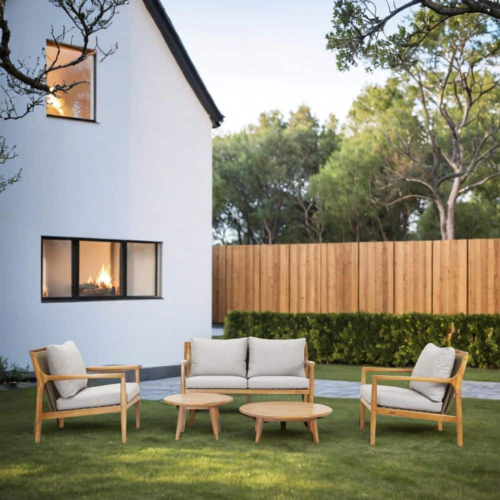 moda furnishings Spring 5-Piece Acacia Wood Patio Conversation Set With ...