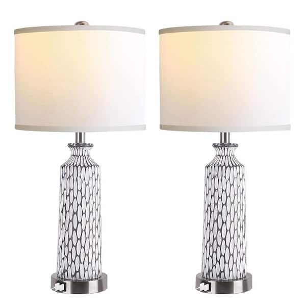 Avex 26 in. Modern Coastal White Gray Dimmable Table Lamps Set with Touch Control and USB Ports (Set of 2)