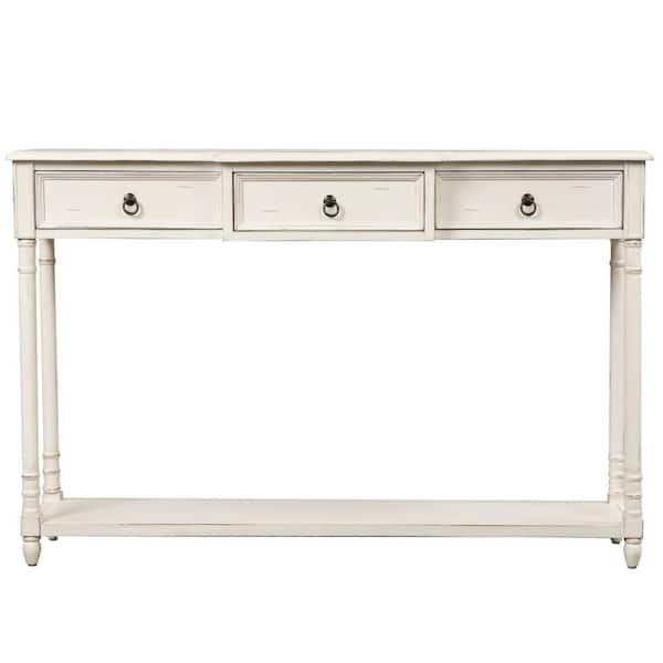 Unbranded 51.57 in. Antique White Standard Rectangle Wood Console Table with 3-Drawers