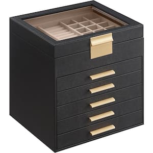 9.1 x 8 x 9 in. Graphite Black MDF Jewelry Box with Glass Lid, 6-Layer Organizer, 5 Drawer, for Big and Small Jewelry