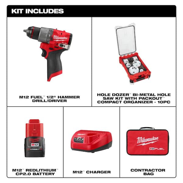 M12 FUEL 12-Volt Li-Ion Brushless Cordless 1/2 in. Hammer Drill w 2.0Ah Battery, Charger & PACKOUT Hole Saw Set (10-Pc)