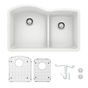 Diamond 32.07 in. Undermount Double Bowl White Granite Composite Kitchen Sink Kit with Accessories