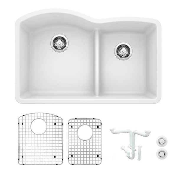 Blanco Diamond 32.07 in. Undermount Double Bowl White Granite Composite Kitchen Sink Kit with Accessories