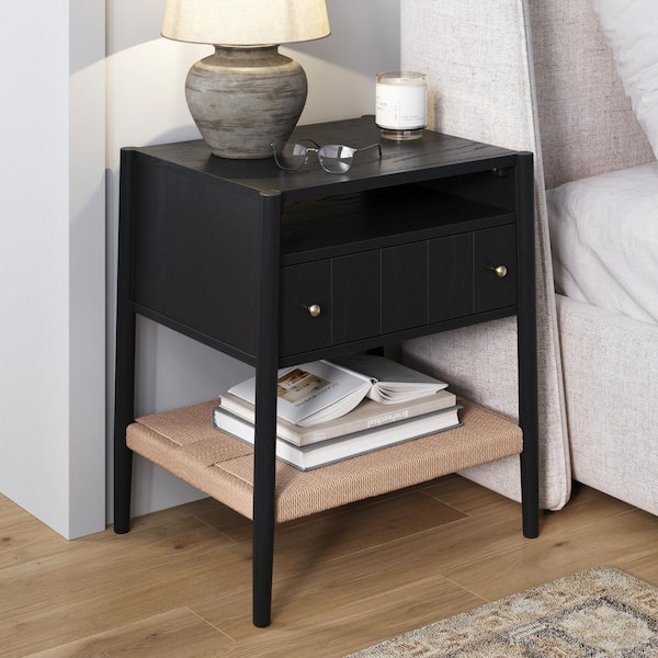 Nathan James Meads Mid-Century Modern Black Oak 1-Drawer 21 in. Nightstand with Solid Wood Legs, Brass Handles and Seagrass Shelf