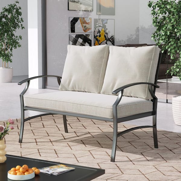 Black Metal Frame Outdoor Patio Loveseat with Beige Cushions