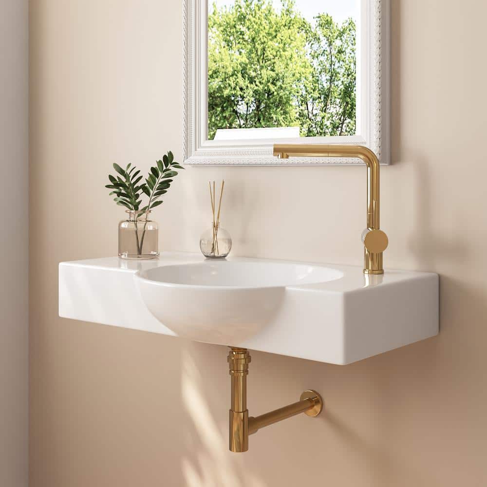 30'' White Ceramic Wall-Mount Bathroom Sink with Faucet Hole