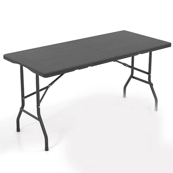 5FT Folding Picnic Table with Wood Grain HDPE Tabletop and Non-slip Foot Pads-Black