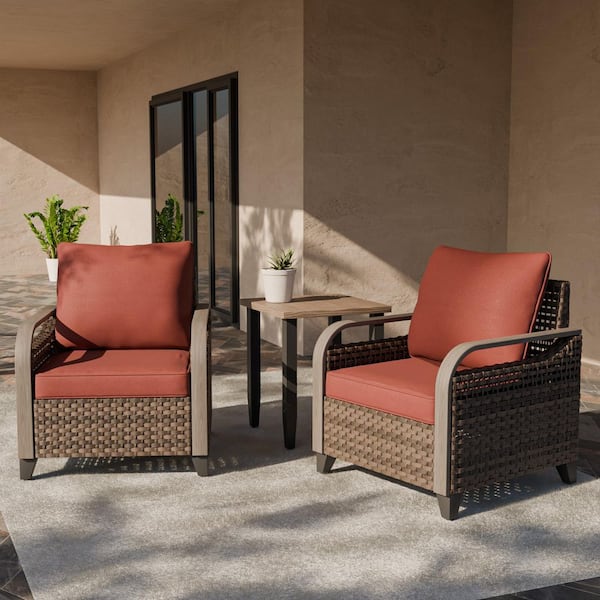 3-Piece Brown Wicker Patio Bistro Set Outdoor Single Sofa Set with Red Cushions