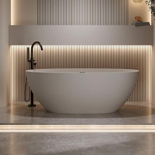 55 in. x 29.5 in. Freestanding Soaking Bathtub with Center Drain in Beige