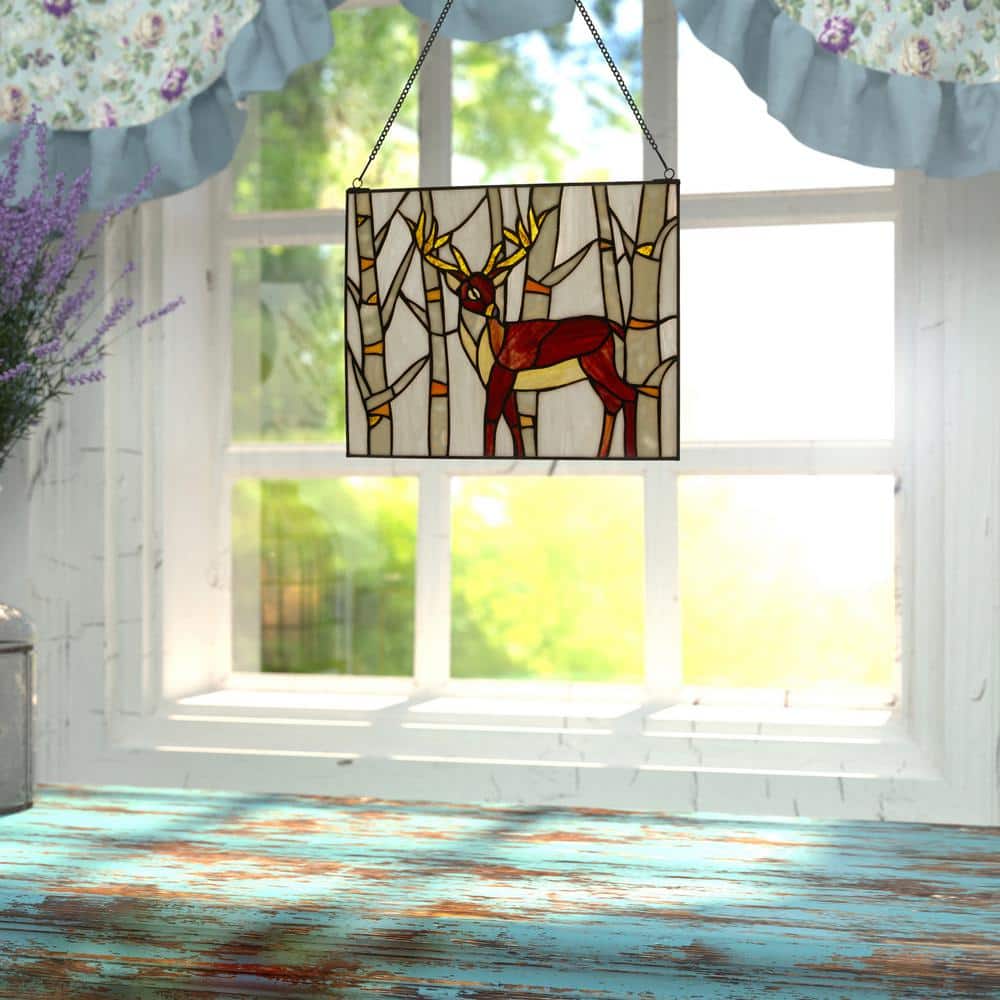 Majestic Deer Brown and Amber Stained Glass Window Panel