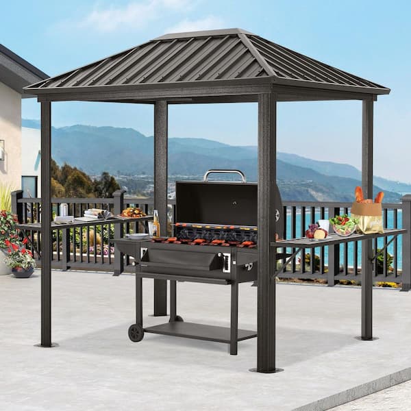 8 ft. x 6 ft. Dark Brown Galvanized Steel Hardtop Grill Gazebo with Powder Coated Aluminum Posts
