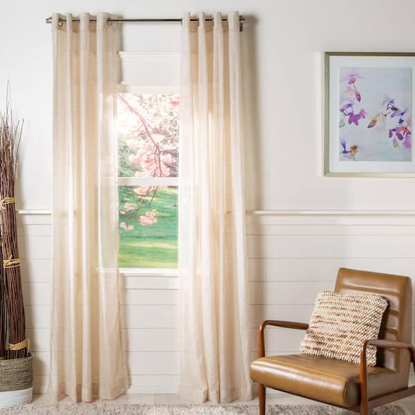 Grommet Curtain Panel, Embroidered Sheer Extra-Wide, Beige 54 x 96 